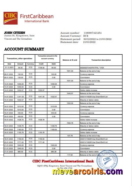 Saint Vincent and The Grenadines First Caribbean International Bank statement in Excel and PDF format